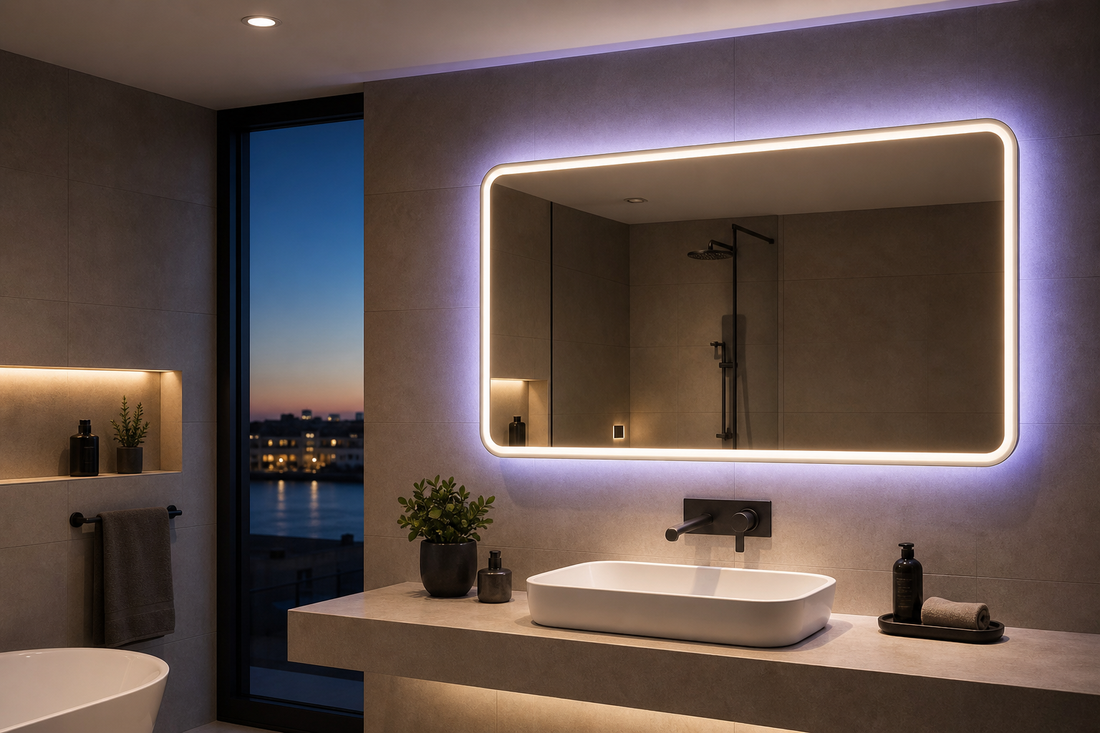Espejo LED RGB en un baño moderno con luz ambiental suave