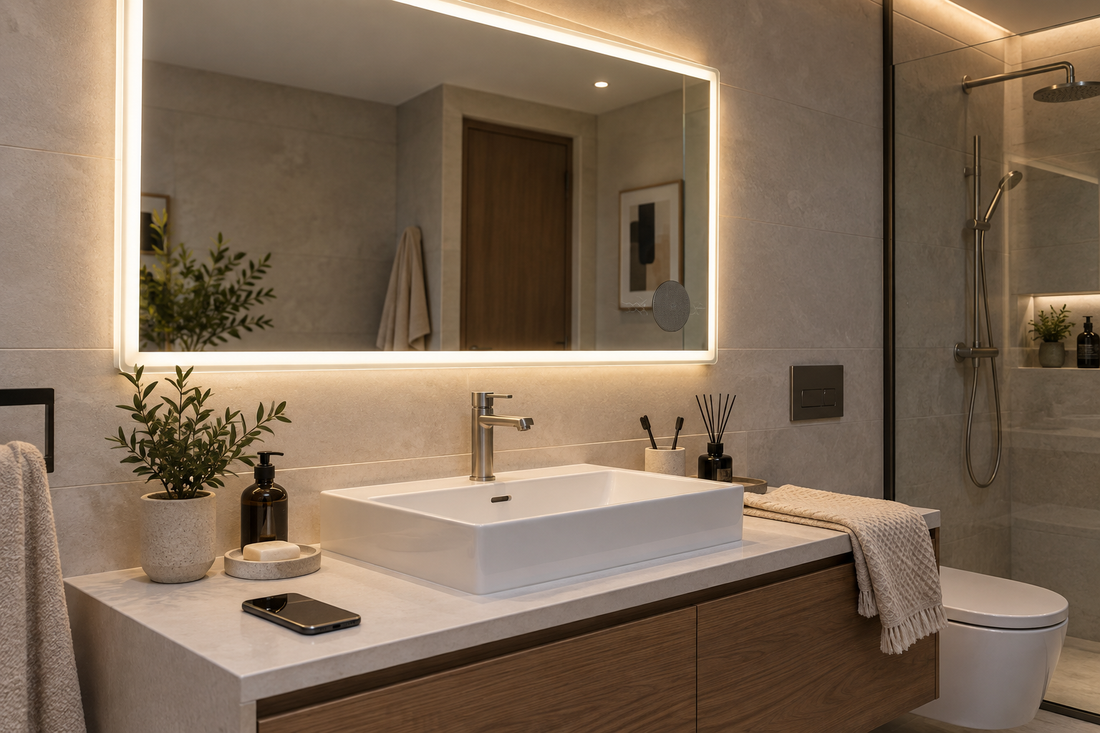 Móvil junto a un espejo Bluetooth de baño para diagnosticar desconexiones