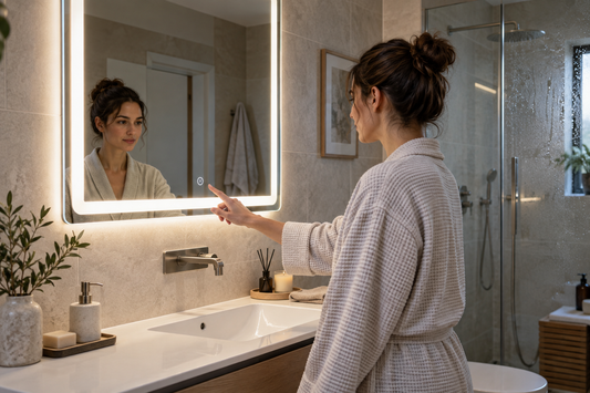 Dedo cerca del sensor táctil de un espejo LED de baño que no responde