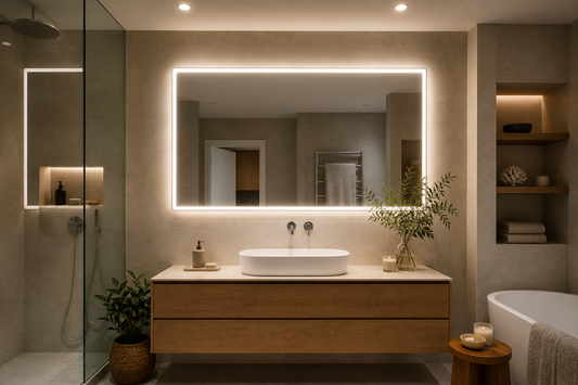 Baño moderno iluminado por un espejo LED con apoyo suave de focos de techo