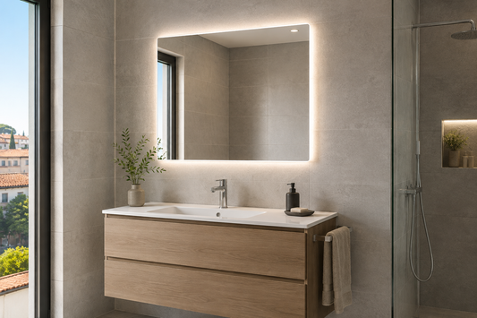 Espejo LED nuevo cubriendo marcas antiguas en una pared de baño