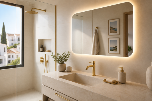 Baño moderno con grifería dorada y espejo LED coordinado