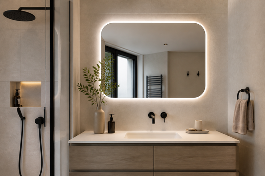 Baño moderno con grifería negra y espejo LED coordinado
