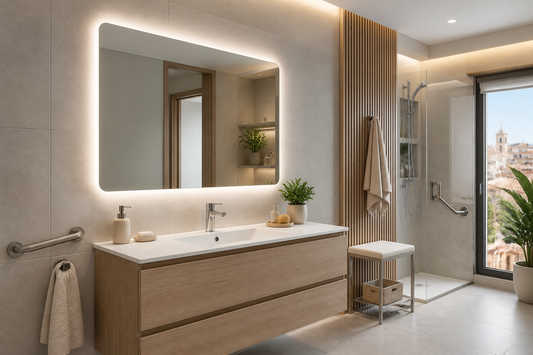 Baño accesible con espejo LED sencillo, buena iluminación y diseño cómodo