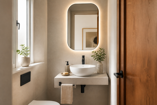 Aseo de invitados pequeño con espejo LED decorativo y lavabo compacto