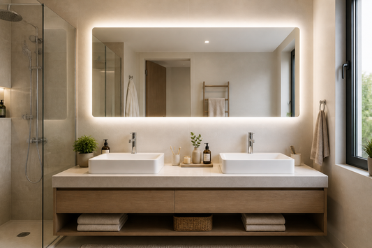 Baño compartido con espejo LED amplio y espacio para dos rutinas matinales