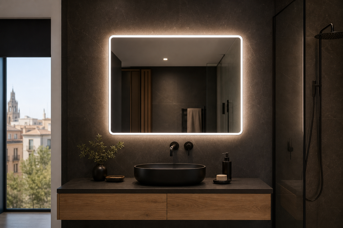 Espejo LED iluminado en un baño moderno con azulejos oscuros