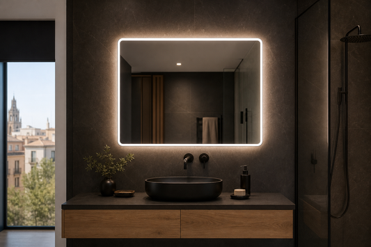 Espejo LED iluminado en un baño moderno con azulejos oscuros