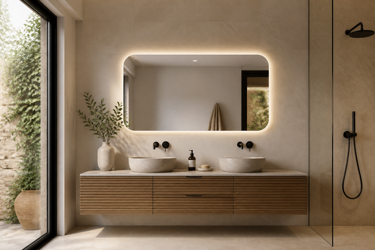 Baño contemporáneo con espejo LED retroiluminado como punto focal elegante