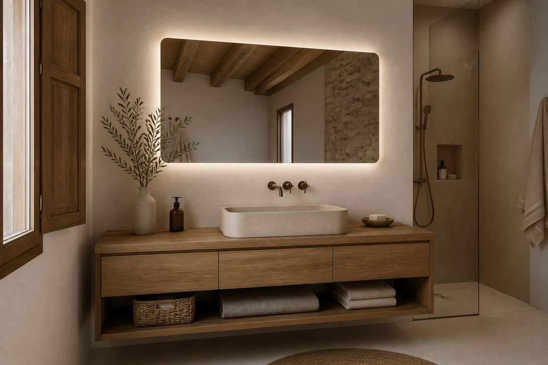 Baño rústico moderno con madera, piedra clara y espejo LED retroiluminado