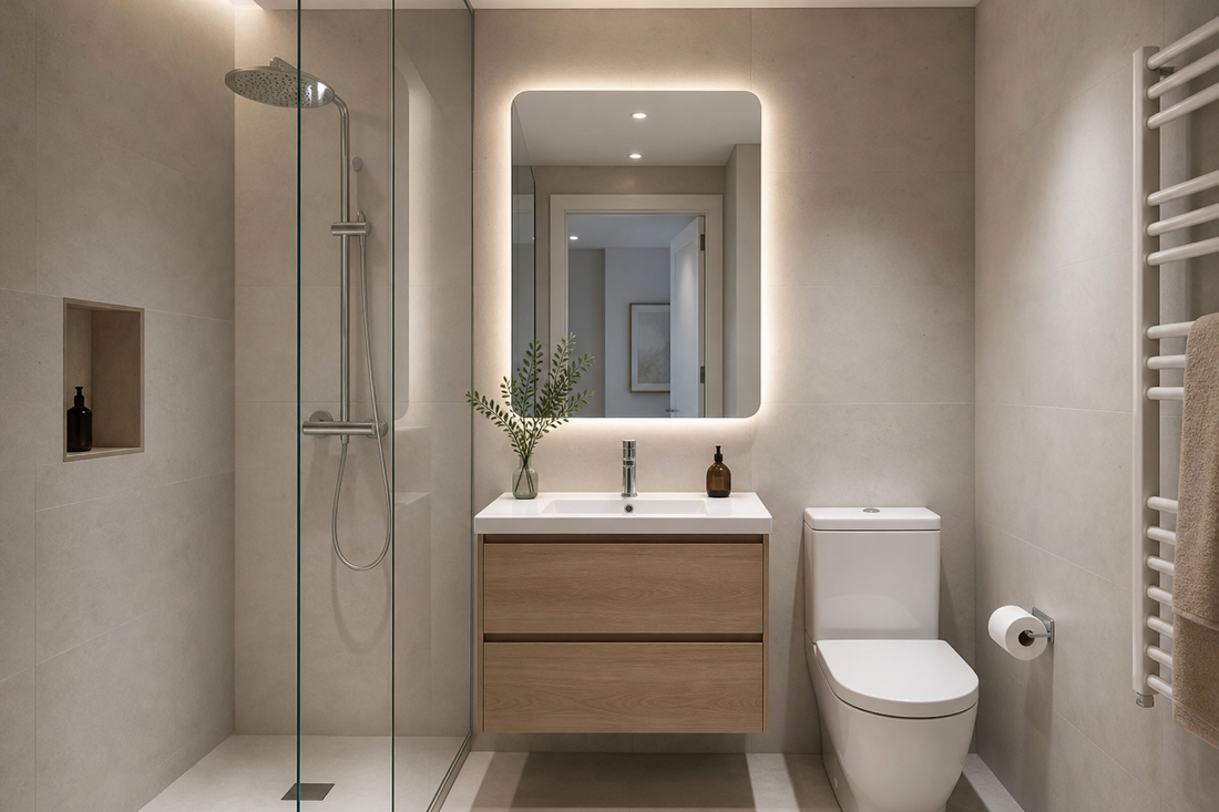 Espejo LED proporcionado en un baño de piso pequeño en España