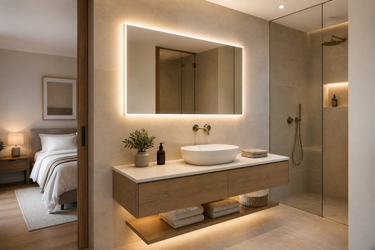 Baño en suite moderno con espejo LED elegante y luz relajada