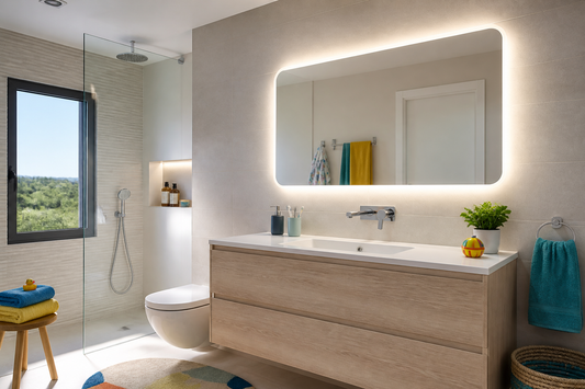 Baño juvenil con espejo LED resistente y luz clara, estilo alegre pero premium