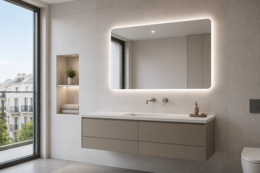 Baño minimalista moderno con espejo LED retroiluminado sobre mueble suspendido