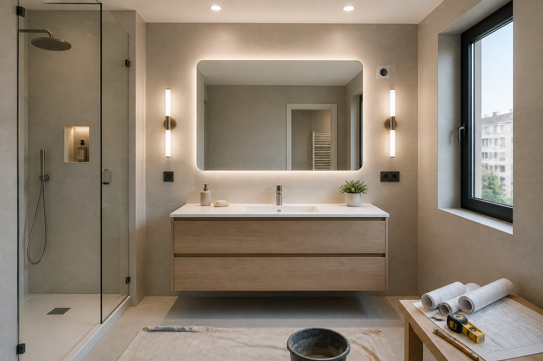 Reforma integral de baño con espejo LED planificado sobre mueble moderno