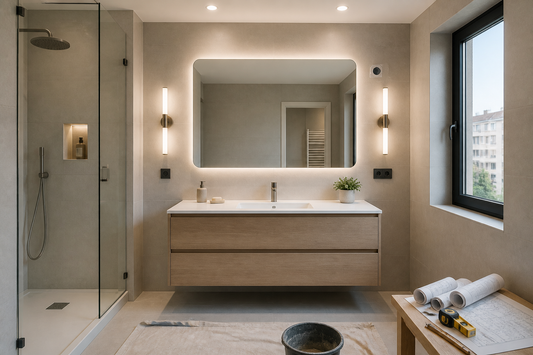 Reforma integral de baño con espejo LED planificado sobre mueble moderno