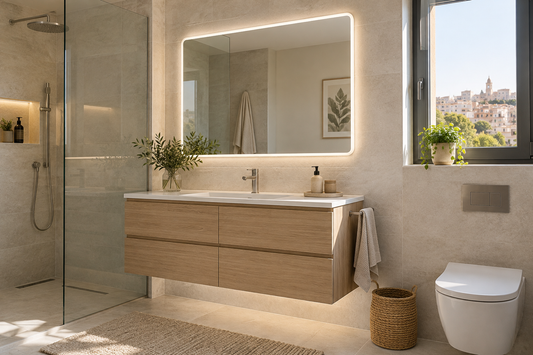 Espejo LED eficiente iluminando un baño moderno con luz natural