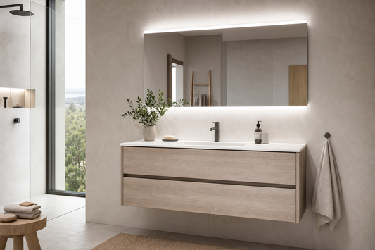 Espejo LED ancho y proporcionado sobre un mueble de baño de 100 cm