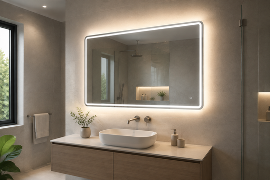 Espejo LED premium con luz frontal, halo trasero y baño moderno