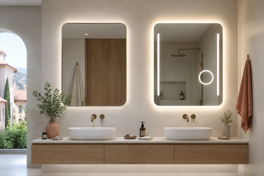 Espejo LED sencillo junto a modelo con más funciones en baño moderno