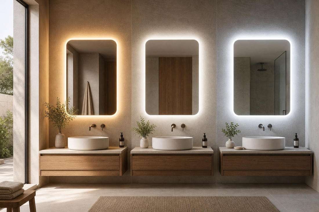 Tres espejos LED de baño mostrando luz cálida, neutra y fría