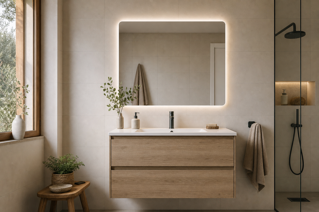 Espejo LED proporcionado sobre un mueble de baño de 80 cm en un baño moderno