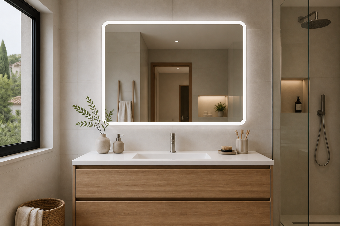 Espejo LED de baño con luz neutra favorecedora frente al lavabo