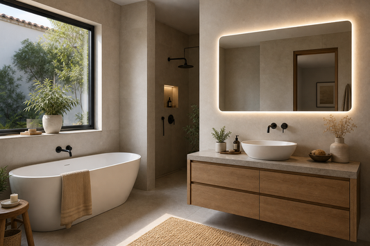 Espejo LED instalado con criterio seguro en un baño moderno con bañera