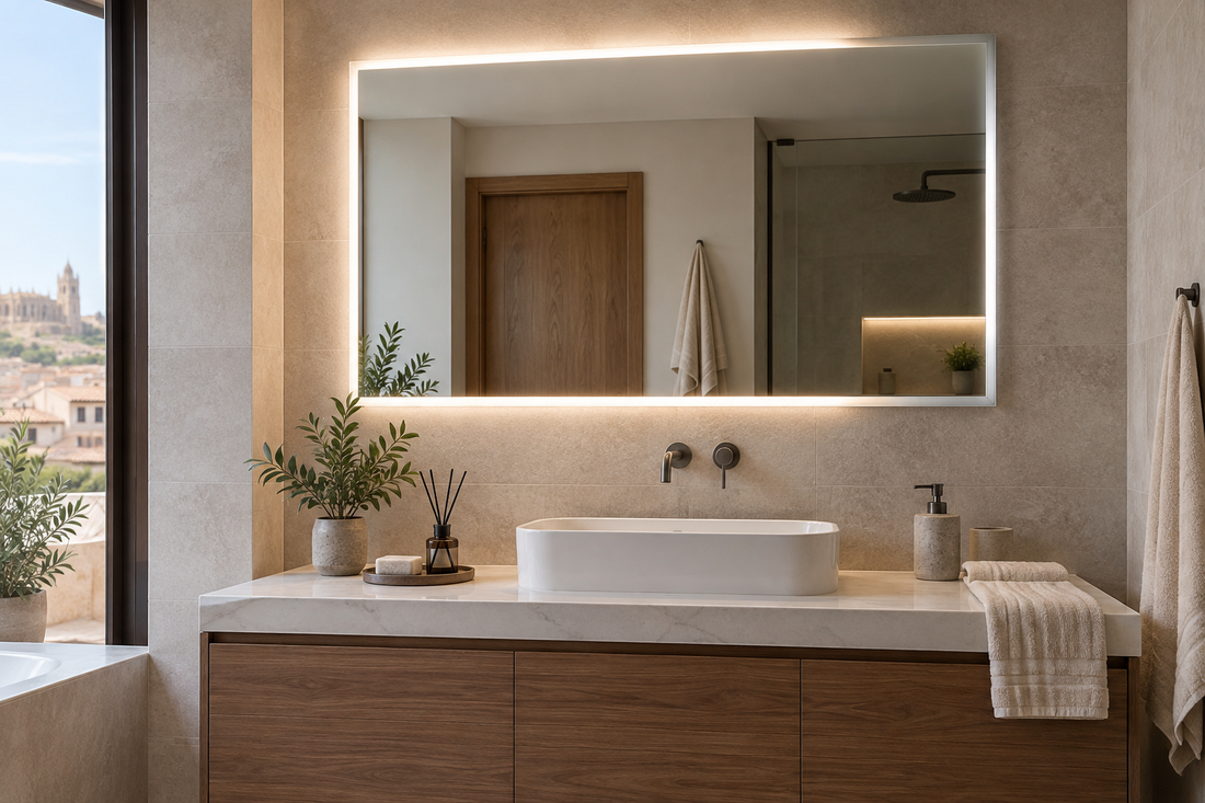 Espejo LED de baño con una zona de luz tenue para diagnóstico de reparación segura
