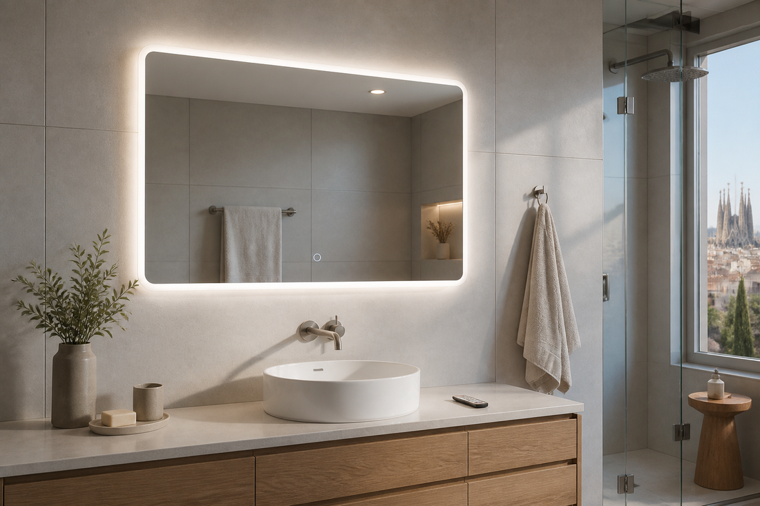 Espejo LED con sensor táctil y mando a distancia en un baño moderno