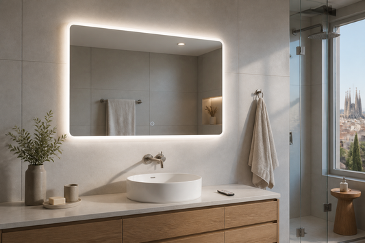 Espejo LED con sensor táctil y mando a distancia en un baño moderno