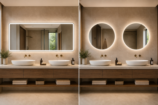Lavabo doble moderno comparando un espejo LED grande con dos espejos LED separados