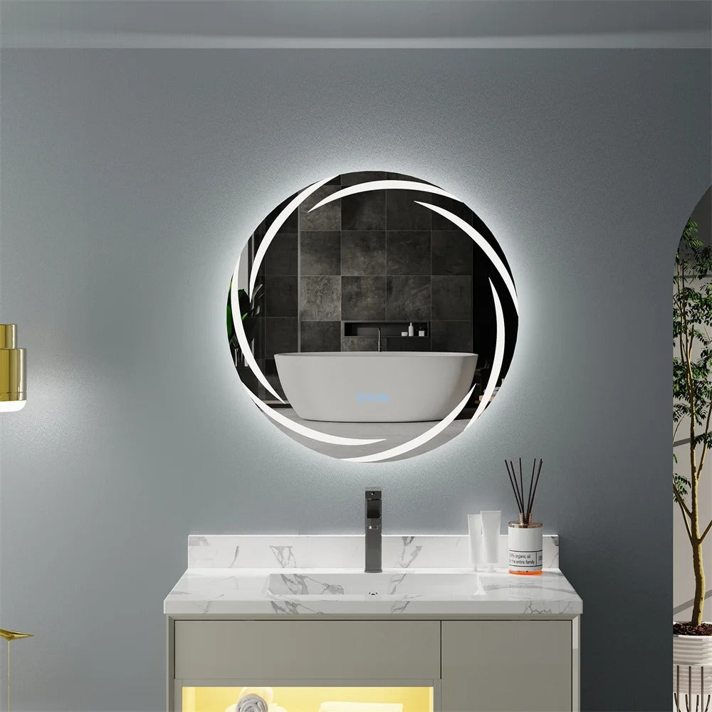 Espejo de Baño LED Redondo con Retroiluminación HaloGlow, Antivaho, Función de Memoria y LED Inteligente