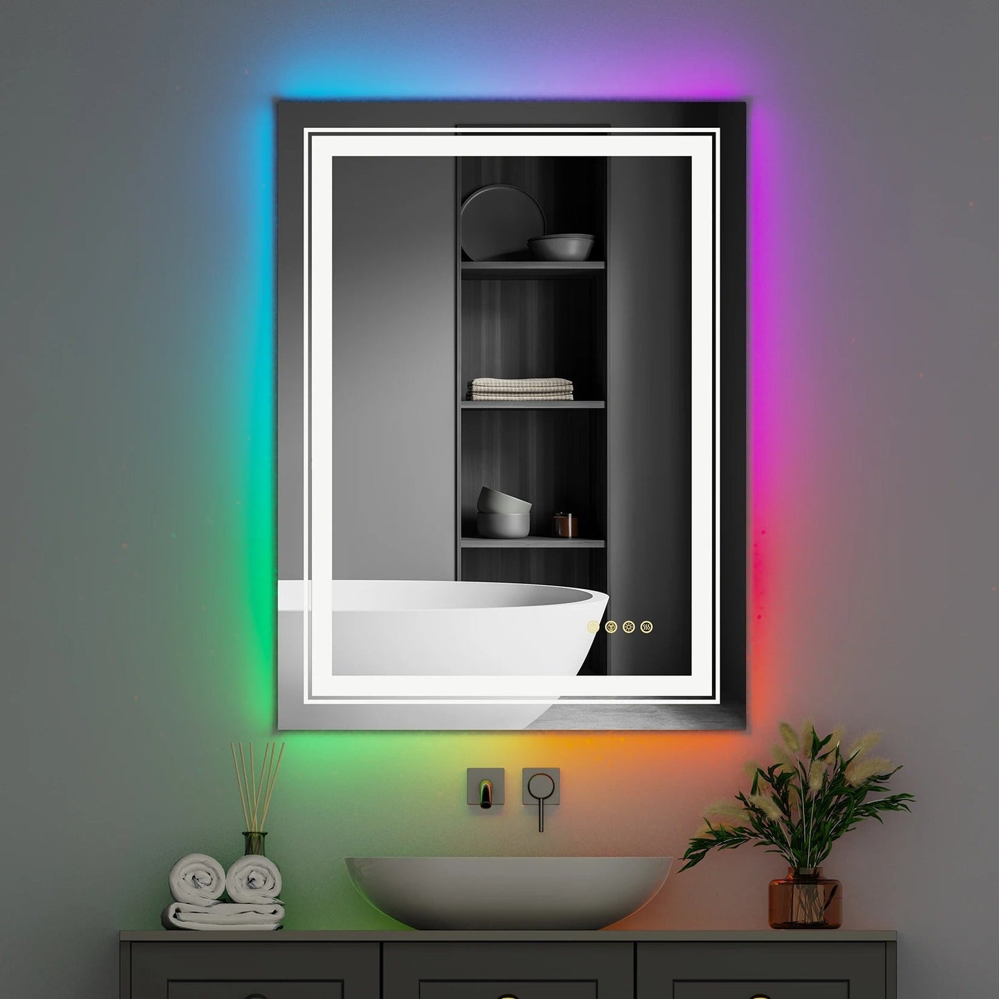 Espejo de Baño LED Rectangular Grande Glitzy RGB con Doble Iluminación, Retroiluminación RGB de Color Variable, Regulable, Antivaho y a Prueba de Roturas