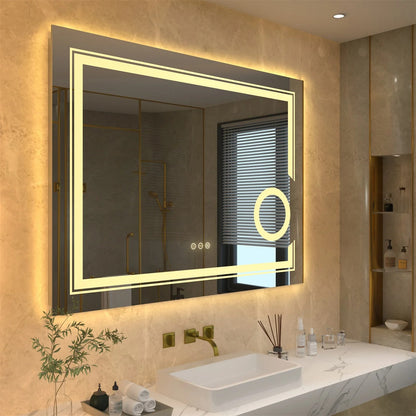 Espejo de Baño LED Inteligente Rectangular con Doble Iluminación y Aumento 3X