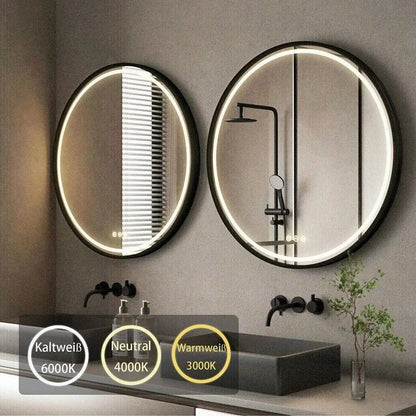 Espejo Redondo con Marco Negro para Baño, Espejo de Tocador Iluminado con Luz Frontal, Montado en la Pared, Antivaho y Control Táctil Regulable