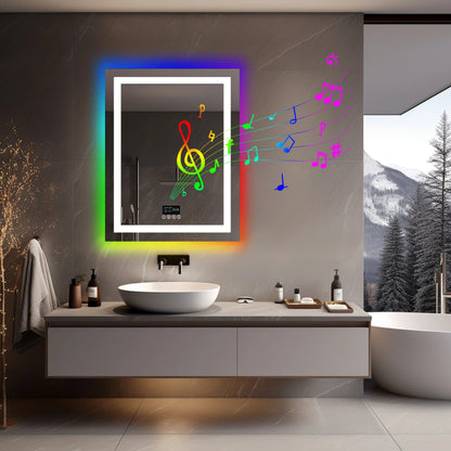 Espejo LED Inteligente Rectangular RGB Brillante con Altavoces Bluetooth, Doble Iluminación y Antivaho para Baño