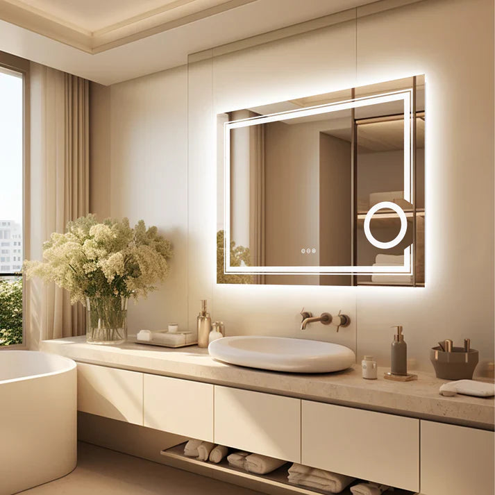 Espejo de Baño LED Inteligente Rectangular con Doble Iluminación y Aumento 3X