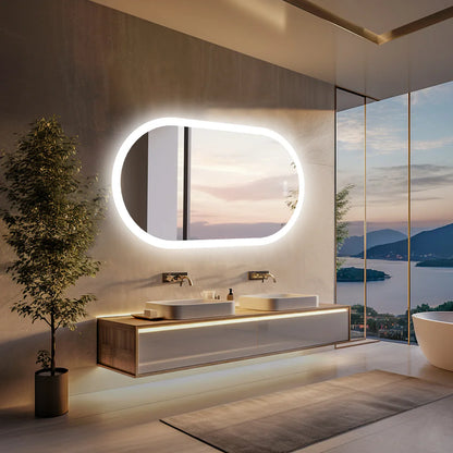 Espejo de Baño LED Ovalado y Arqueado Grande con Retroiluminación, Antivaho y 3 Colores Inteligentes para Maquillaje