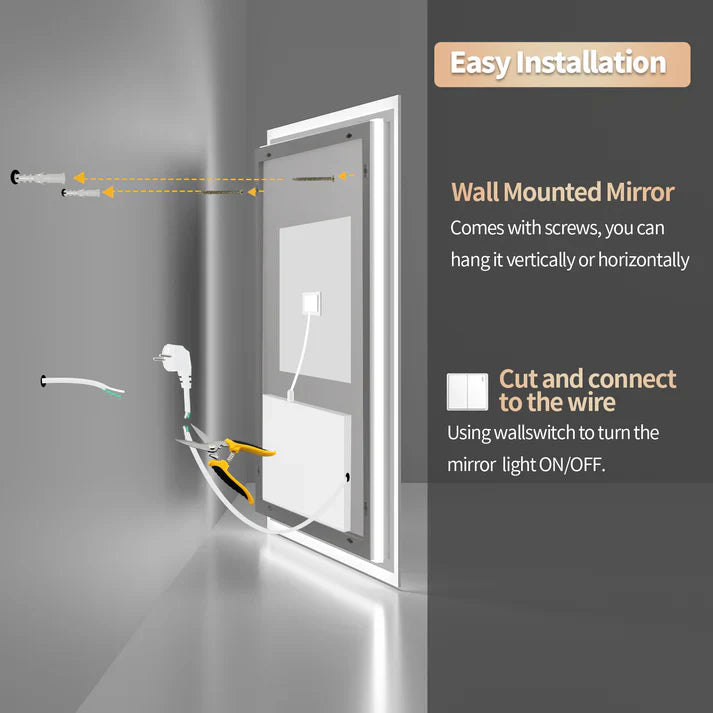 Espejo de Baño LED Rectangular con Retroiluminación, Gran Tamaño, Regulable, Control Táctil e Impermeable