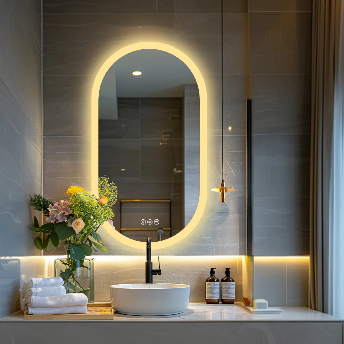 Espejo de Baño LED Ovalado y Arqueado Grande con Retroiluminación, Antivaho y 3 Colores Inteligentes para Maquillaje