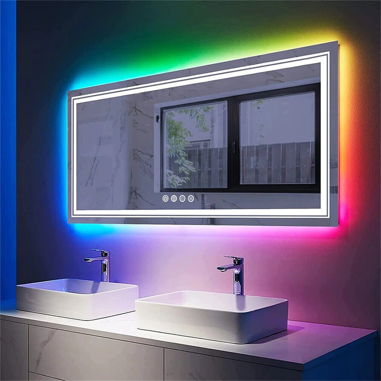 Espejo de Baño LED Rectangular Grande Glitzy RGB con Doble Iluminación, Retroiluminación RGB de Color Variable, Regulable, Antivaho y a Prueba de Roturas