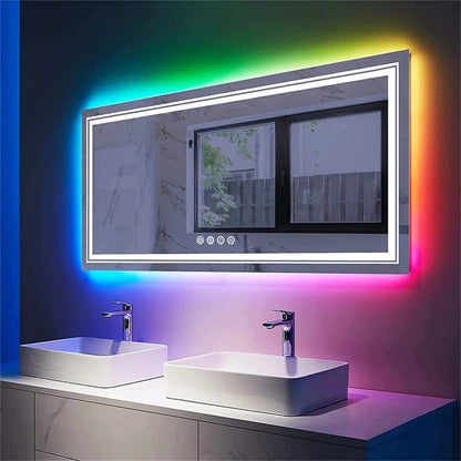 Espejo de Baño LED Rectangular Grande Glitzy RGB con Doble Iluminación, Retroiluminación RGB de Color Variable, Regulable, Antivaho y a Prueba de Roturas