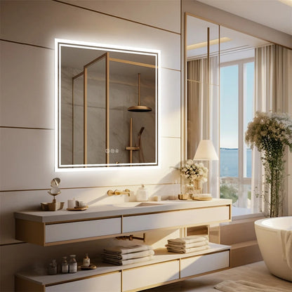 Espejo de Baño Cuadrado con Luz LED Retroiluminada, Espejo de Maquillaje o de Pared, Espejo de Tocador sin Marco, Antivaho