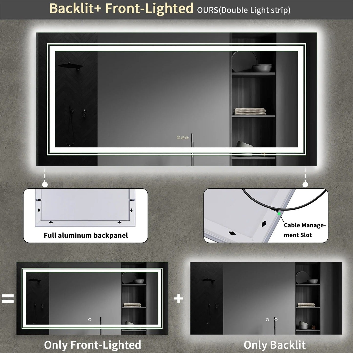 Espejo de Baño LED Rectangular Extra Grande con Doble Iluminación, Luces Duales, Antivaho, Función de Memoria y Regulable en 3 Colores