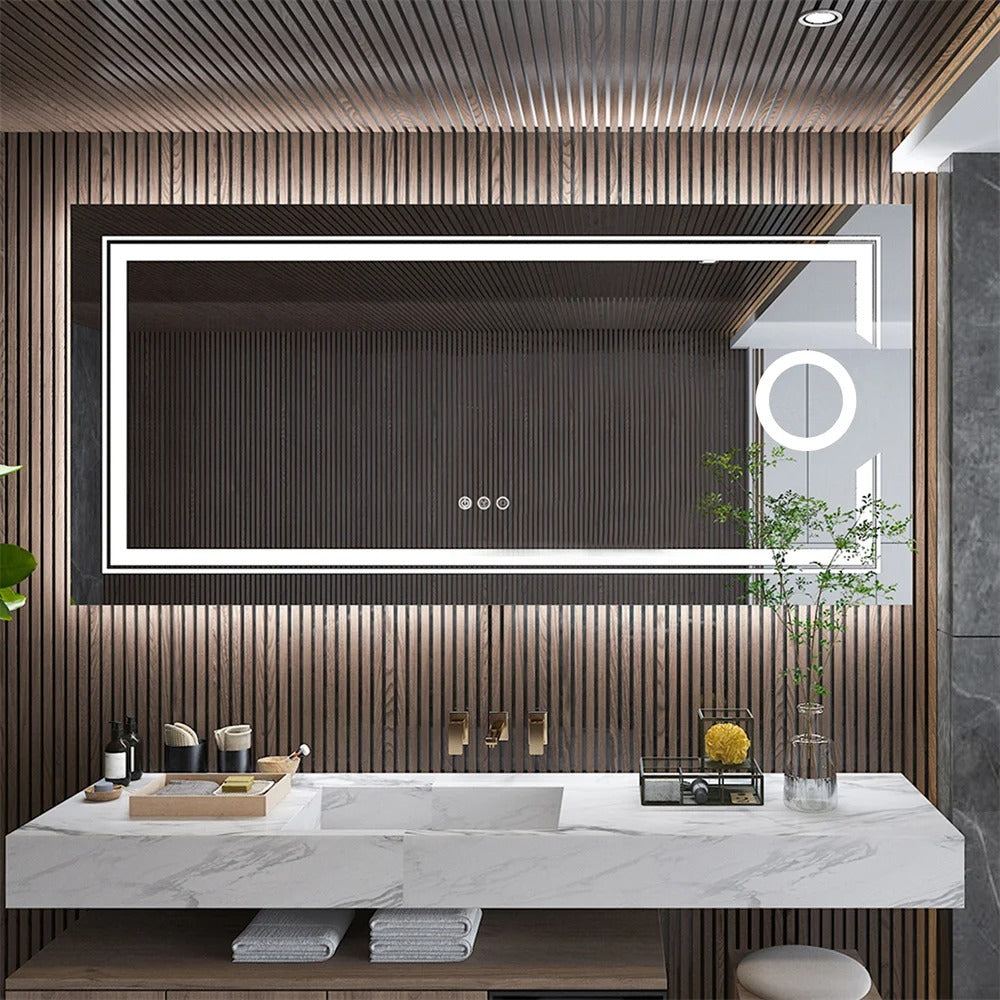 Espejo de Baño LED Inteligente Rectangular Extra Grande con Doble Iluminación y Aumento 3X