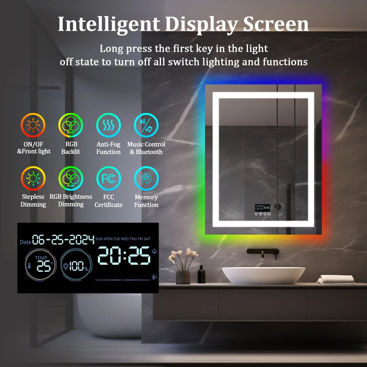 Espejo LED Inteligente Rectangular RGB Brillante con Altavoces Bluetooth, Doble Iluminación y Antivaho para Baño