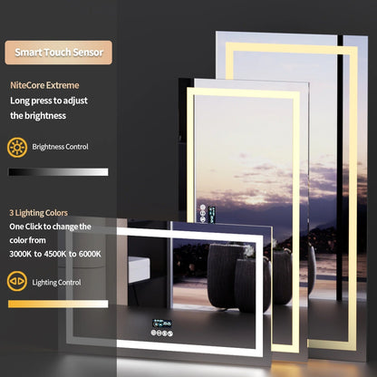 Espejo LED Inteligente para Baño con Bluetooth, Rectangular con Doble Iluminación, Antivaho y 3 Colores de Luz