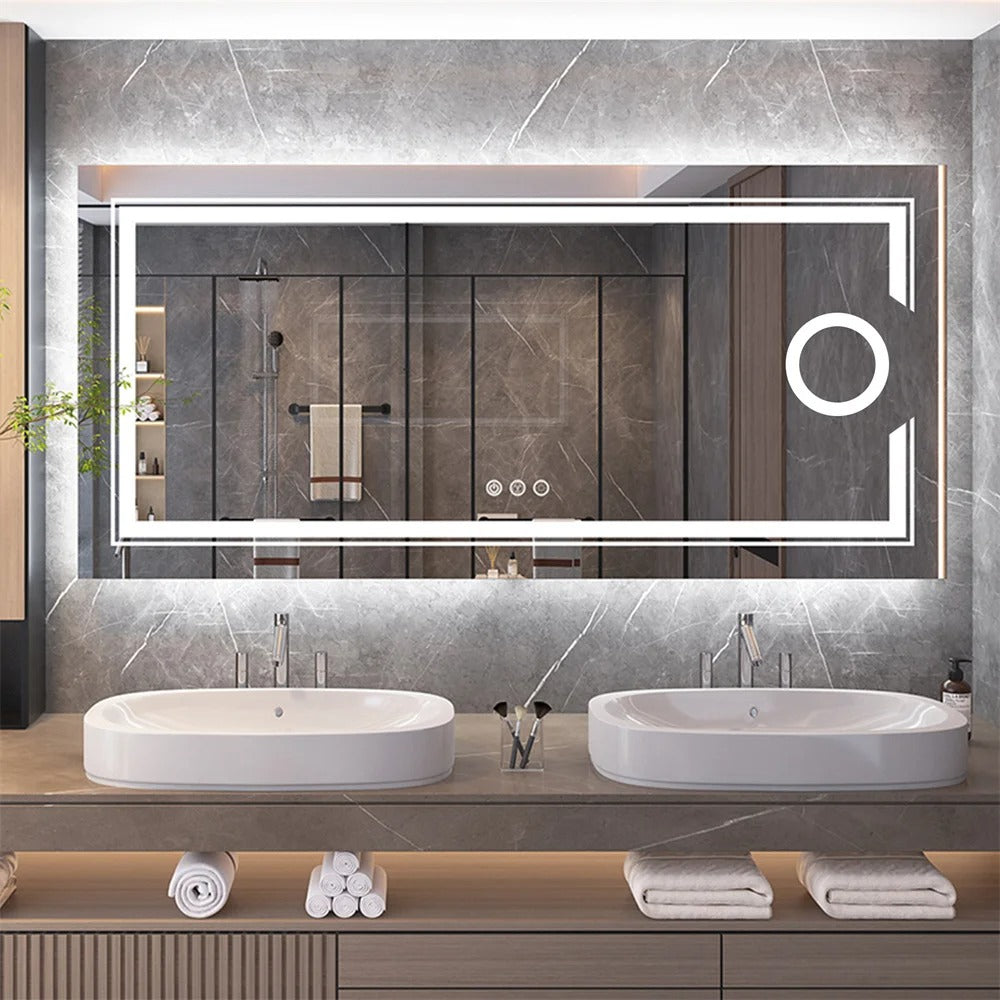 Espejo de Baño LED Inteligente Rectangular Extra Grande con Doble Iluminación y Aumento 3X