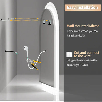 Espejo de Maquillaje LED con Retroiluminación Arqueado, Iluminación Inteligente para Baño, Montaje en Pared, Antivaho